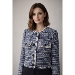Christian Lacroix Women's M Blue White Tweed Cropped Jacket Contrast Trim NWT